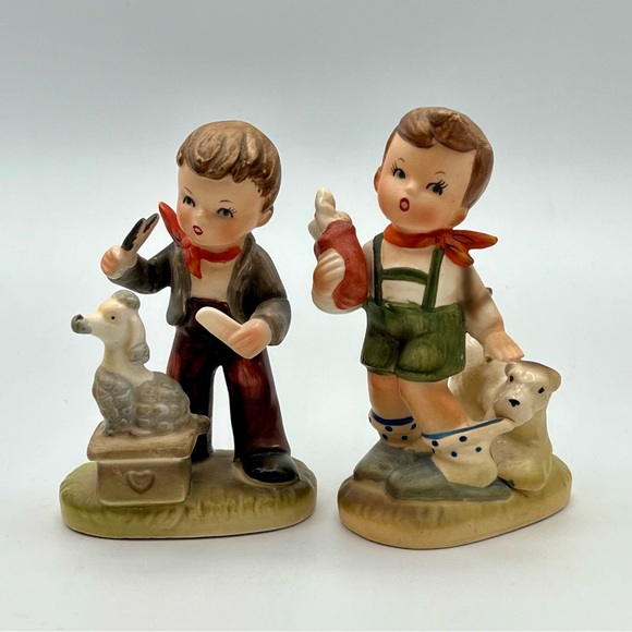 Vintage Arnart Japan Porcelain Figurines MCM Hummel Style Boys with Dogs 1960s - Picture 2 of 7
